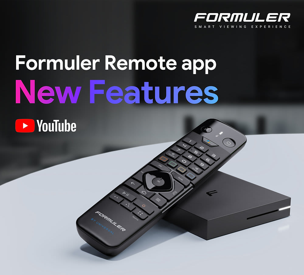 A black Formuler remote control and a Formuler set-top box, promoting new features of the Formuler Remote app.