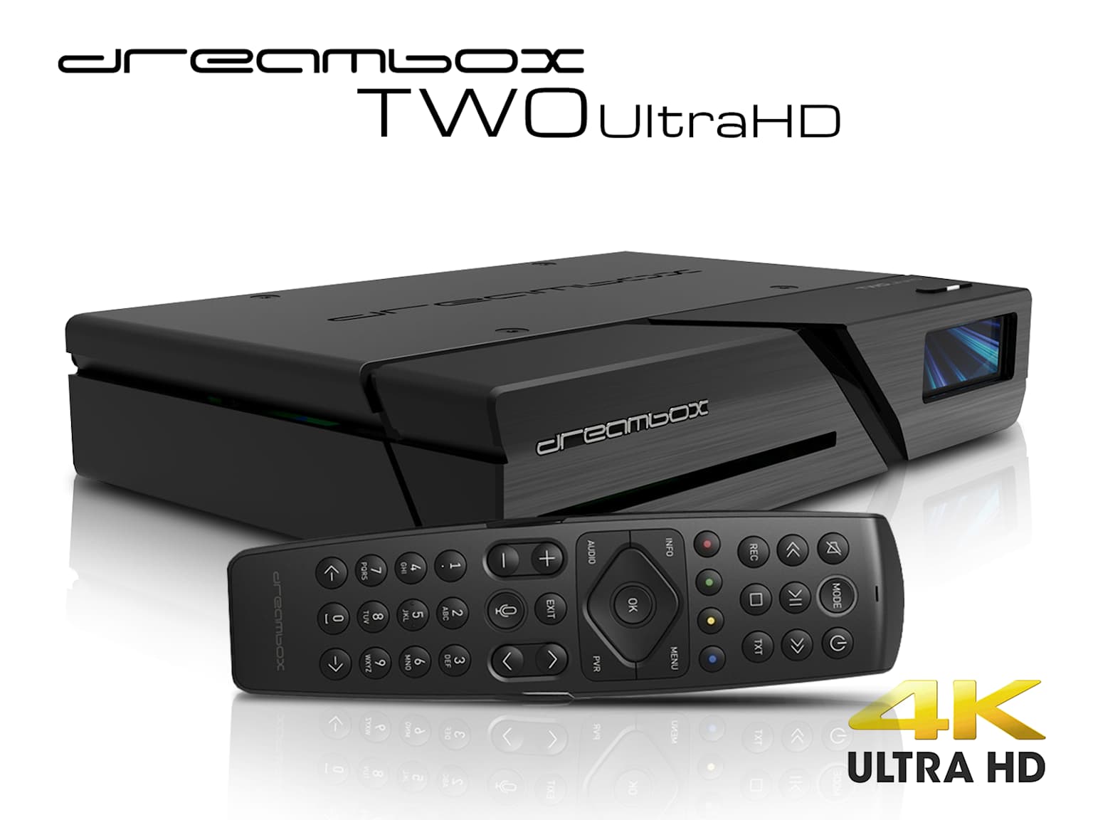 The Dreambox TWO UltraHD 4K receiver and its remote control.