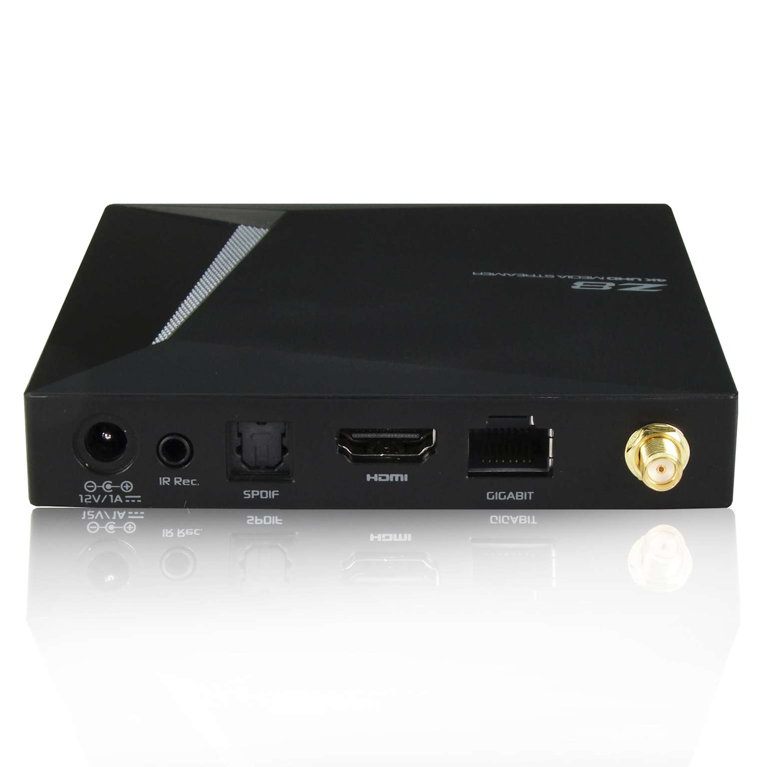 Rear view of the Formuler Z8 streaming device highlighting its power, IR receiver, SPDIF, HDMI, Gigabit Ethernet, and antenna ports.