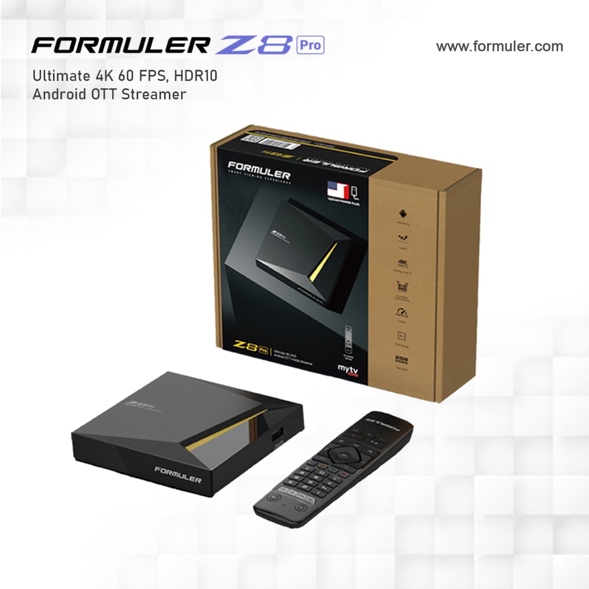 The Formuler Z8 Pro streaming device with its remote control and retail packaging.