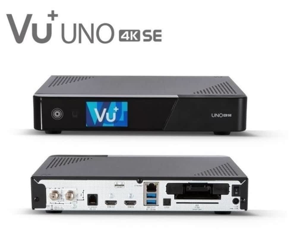 Front and rear views of the VU+ UNO 4K SE digital satellite receiver, detailing its display and connectivity.