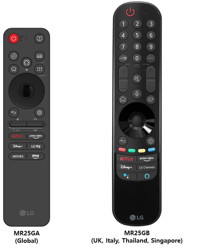To modeller af LG Magic-fjernbetjeninger, der fremhæver navigations- og hurtigadgangsknapper til LG Smart TV'er.