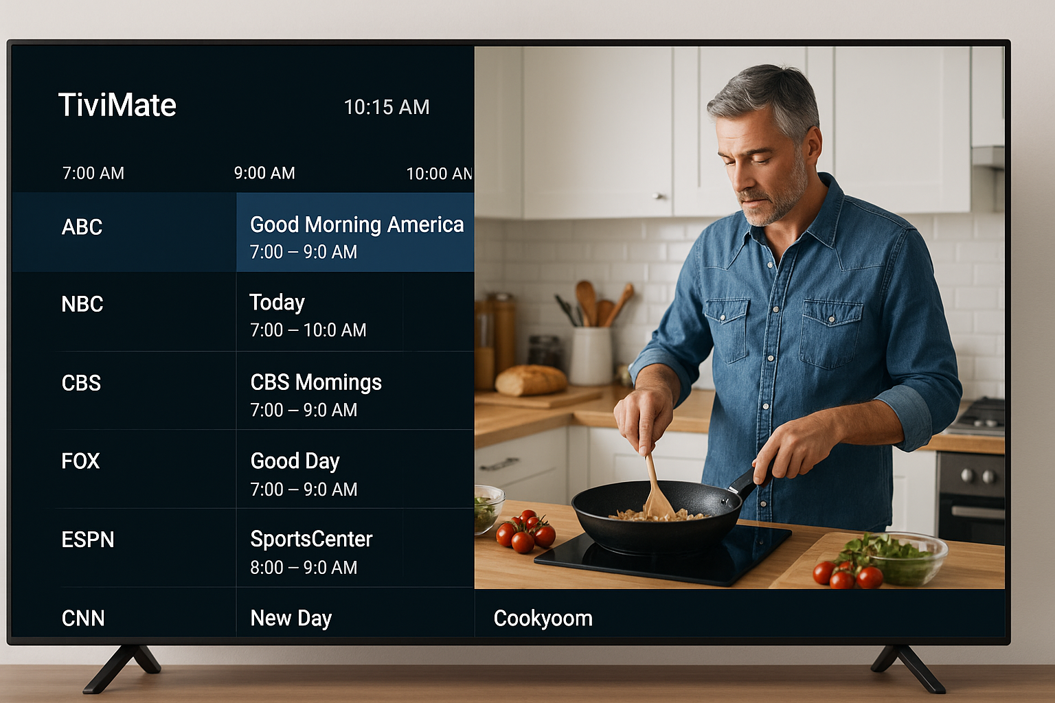 TiviMate IPTV Player interface showing the electronic program guide (EPG) with live preview
